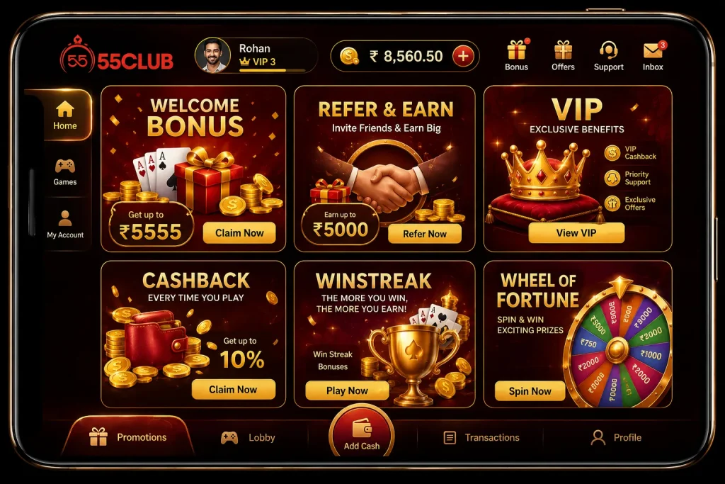 55 Club welcome bonus VIP rewards and promotions